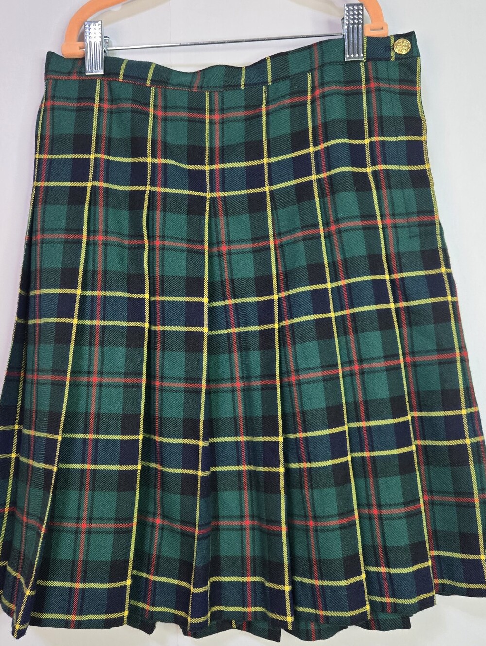 TALBOTS Kids Girls Size 16 Green Plaid Full Pleat Skirt, Side Zip, Elastic Waist
